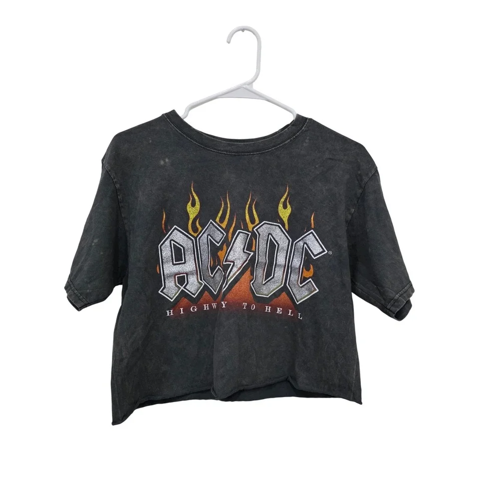 AC/DC Highway To Hell Graphic Crop Top T-Shirt Mineral Wash Black Medium
